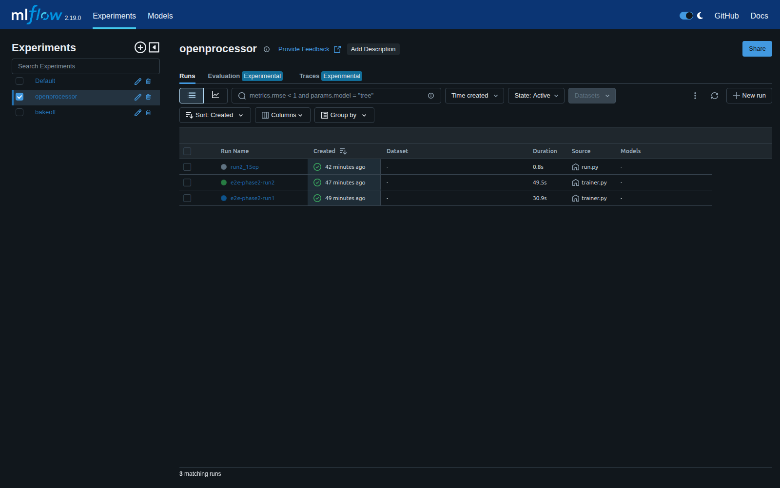 MLflow experiment page listing the training runs the curation trainer logged