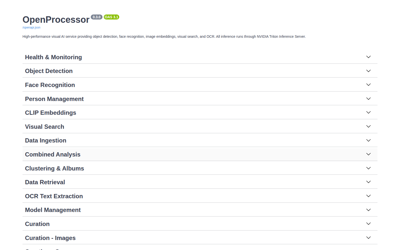 Swagger UI at /docs with the endpoint groups collapsed: health, detection, faces, embeddings, search, ingest, analysis, OCR, models, curation
