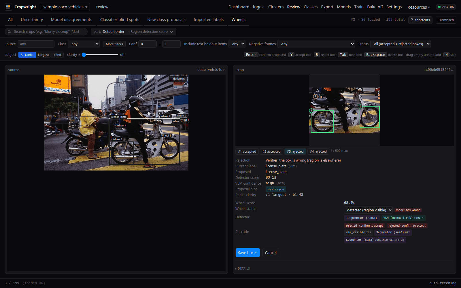 Box editor open on a crop with one box selected