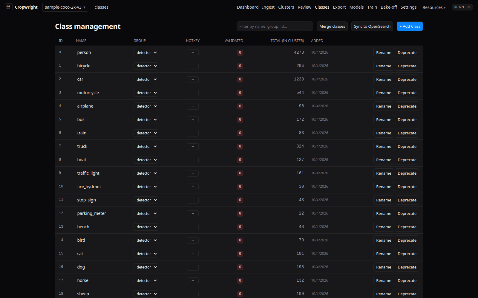 Classes page listing the COCO classes with counts