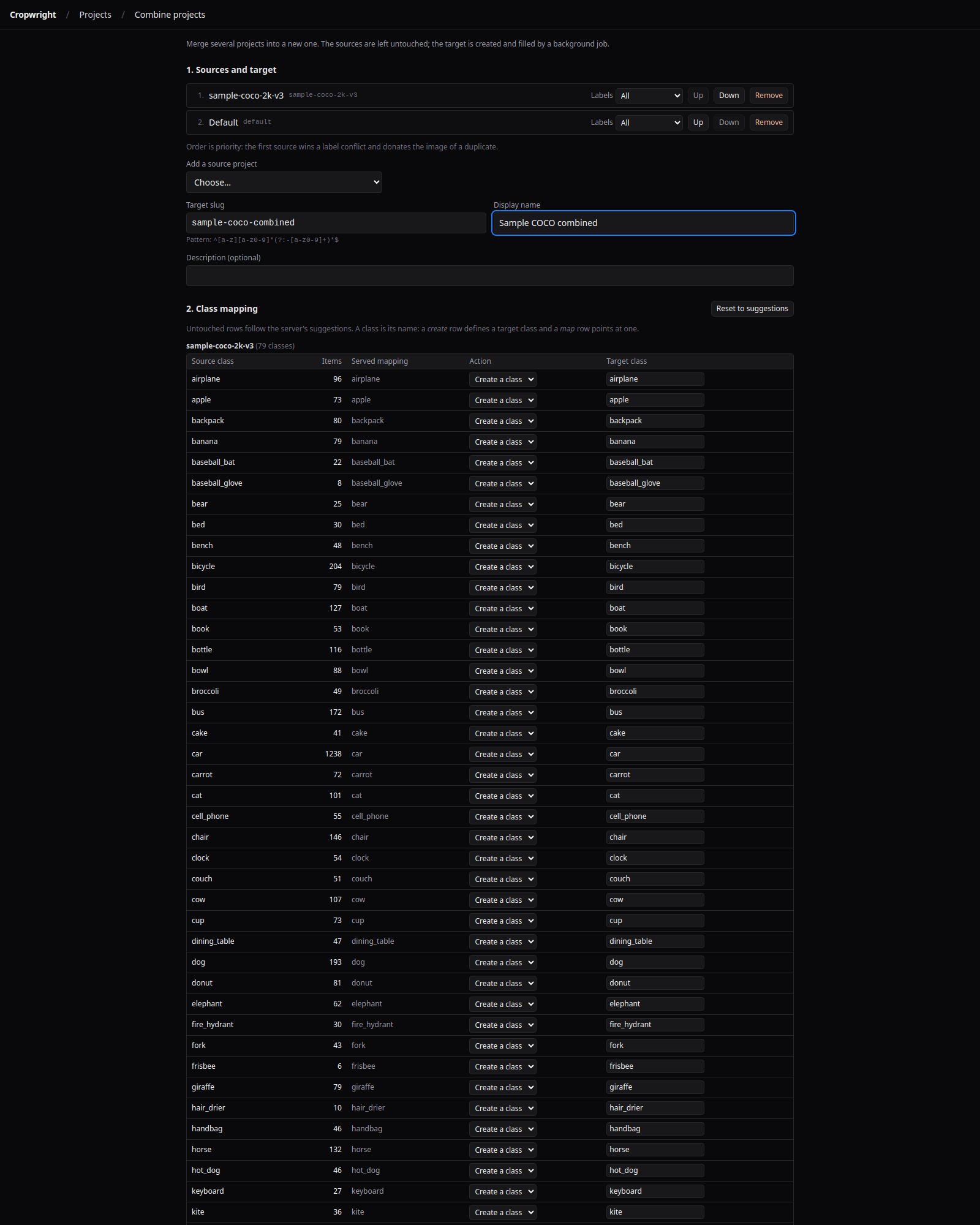 Combine wizard with two source projects, the target slug and the class mapping table