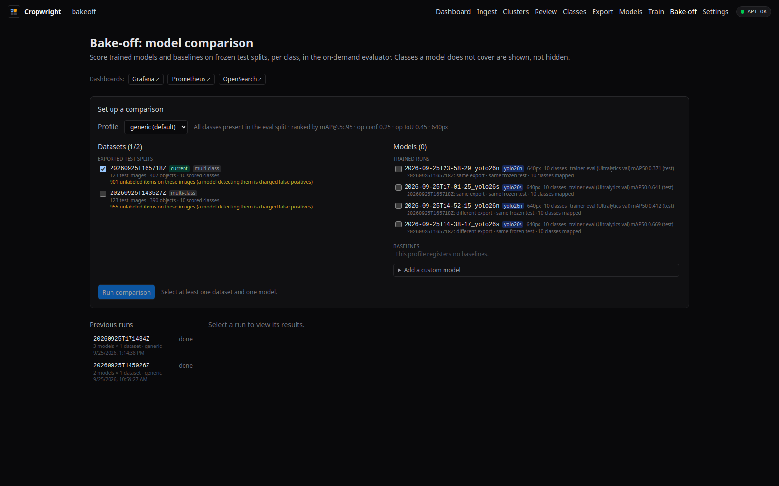 Model comparison setup driven by /curation/bakeoff/* (eval datasets and trained runs), captured from Cropwright, a frontend for this backend