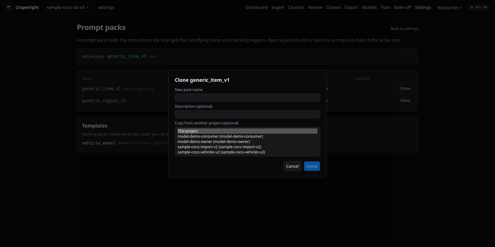 Clone dialog for a prompt pack with the Copy from another project list open