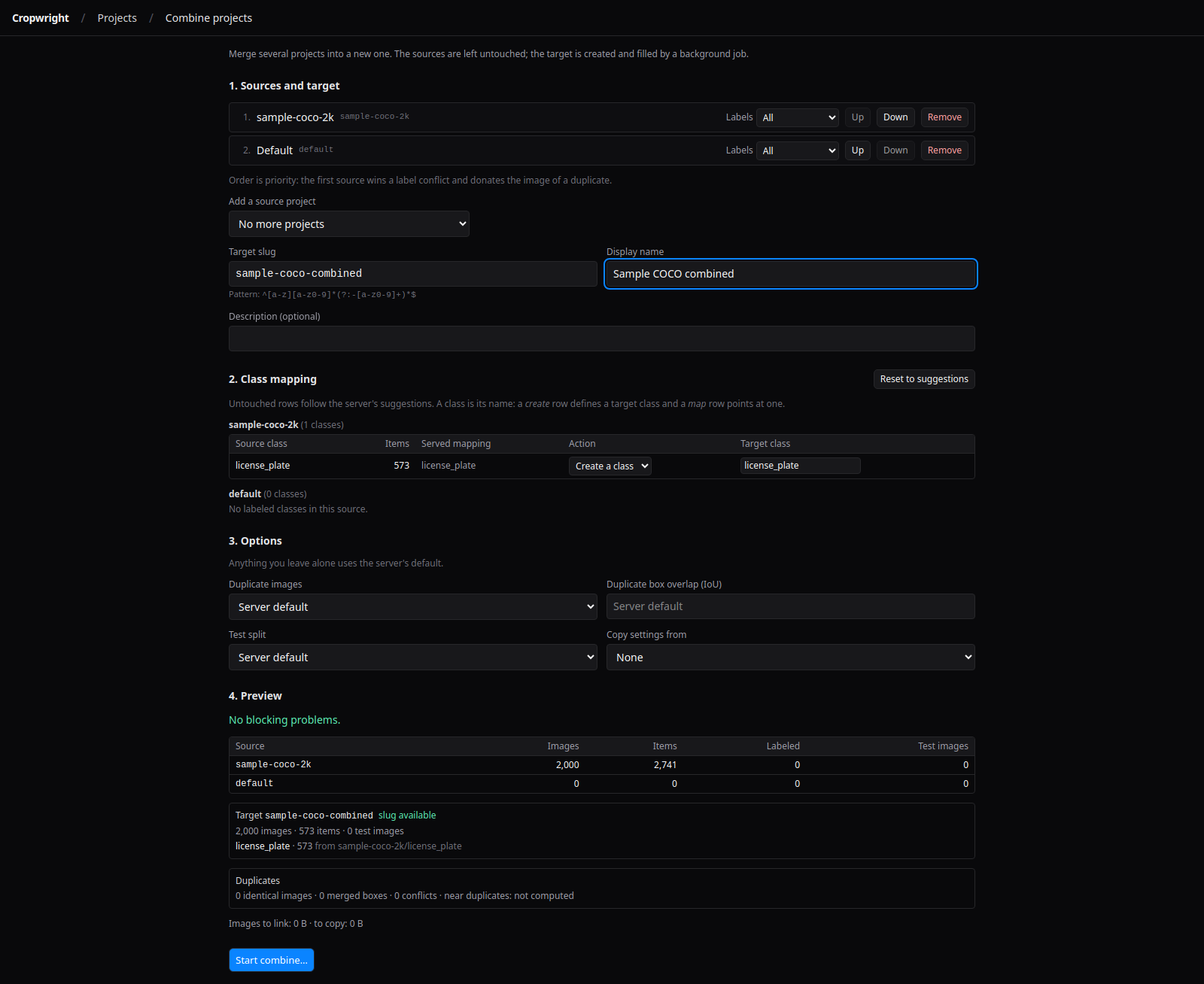 Combine projects wizard with source ordering, class mapping and a preview
