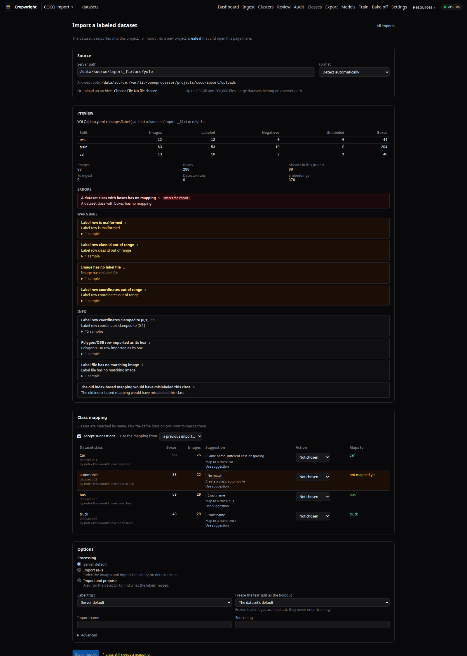 Dataset import wizard with a preview and a class mapping table