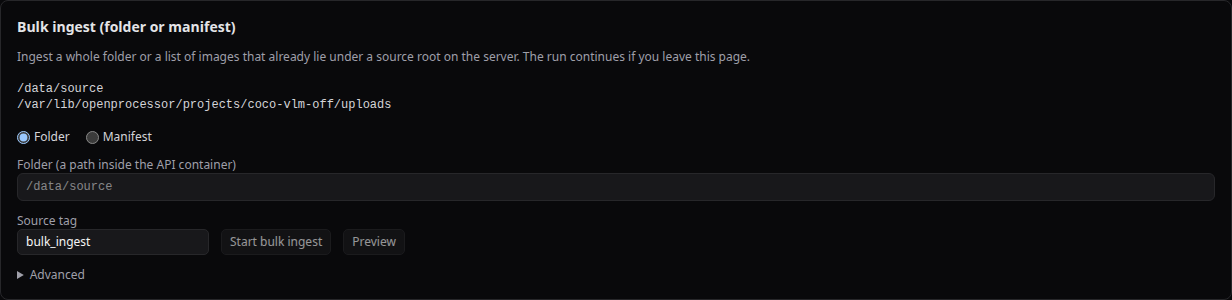 Cropwright ingest page with the bulk ingest panel and the list of source roots