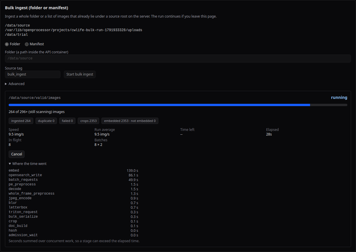 A bulk ingest run in progress with counts, speed and the stage table
