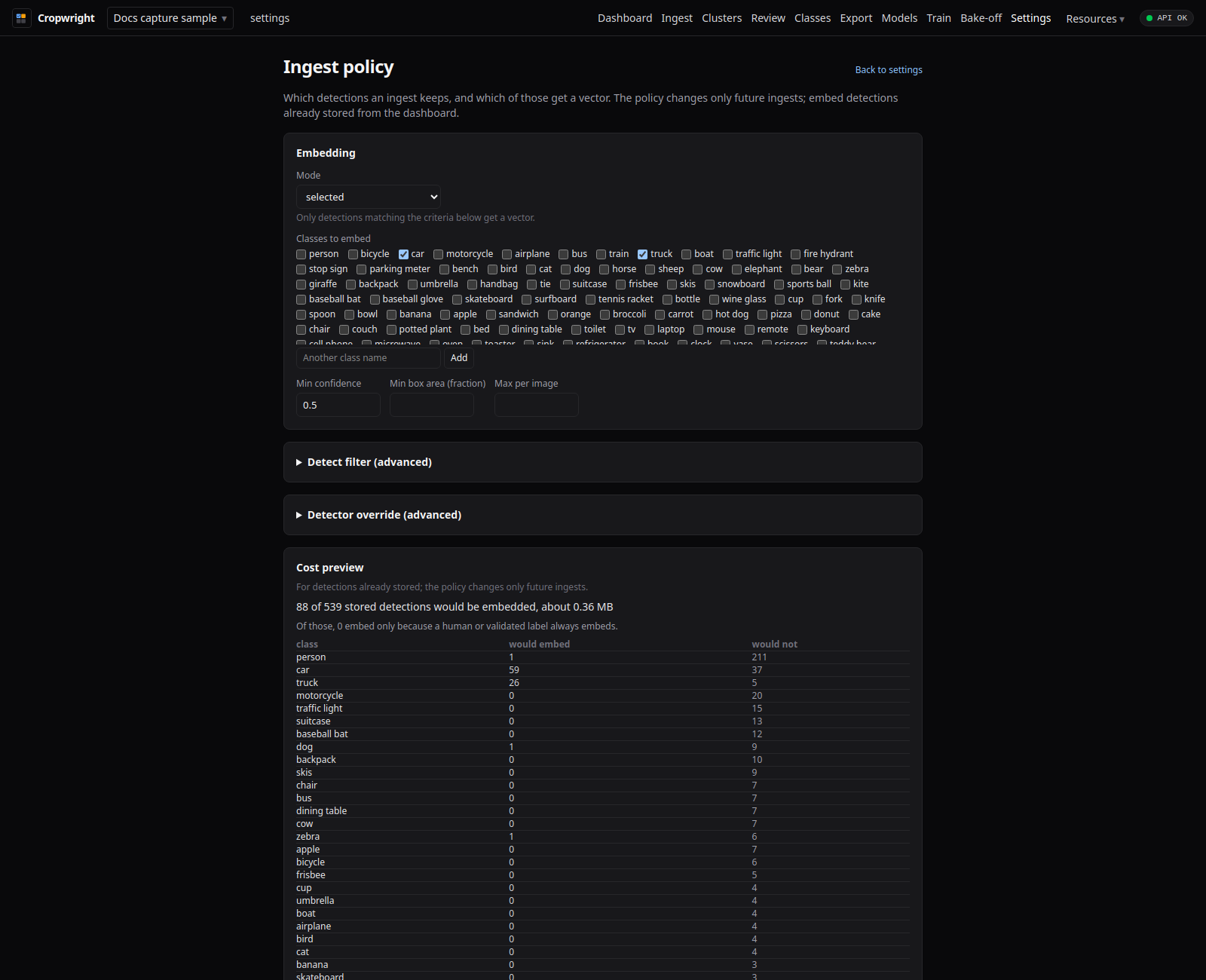Ingest policy page in selected mode with the cost preview table of would-embed and would-not counts per class