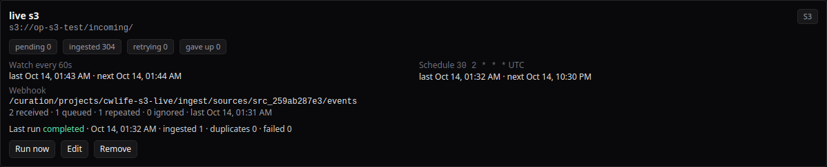 A source card with counts, watch and schedule times, the webhook path and event counts, and the last run