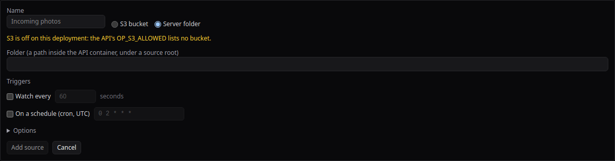 The add source form with S3 off: only Server folder is offered