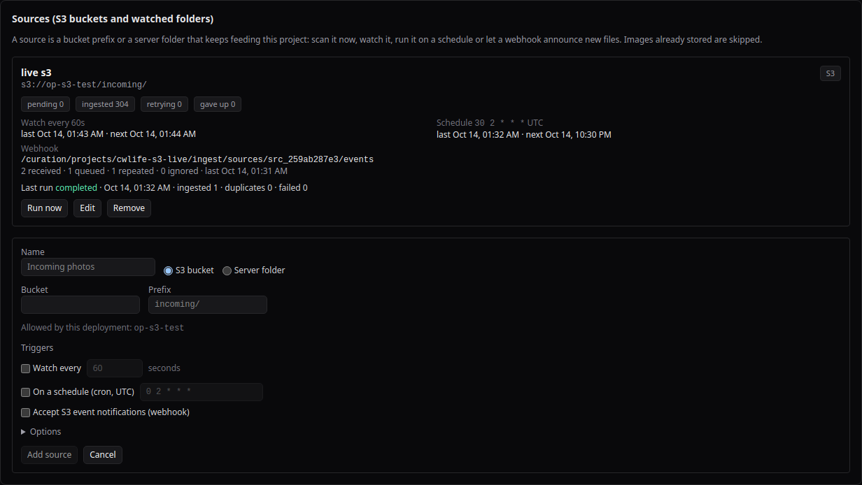 The Sources panel with one S3 source card and the Add a source form open