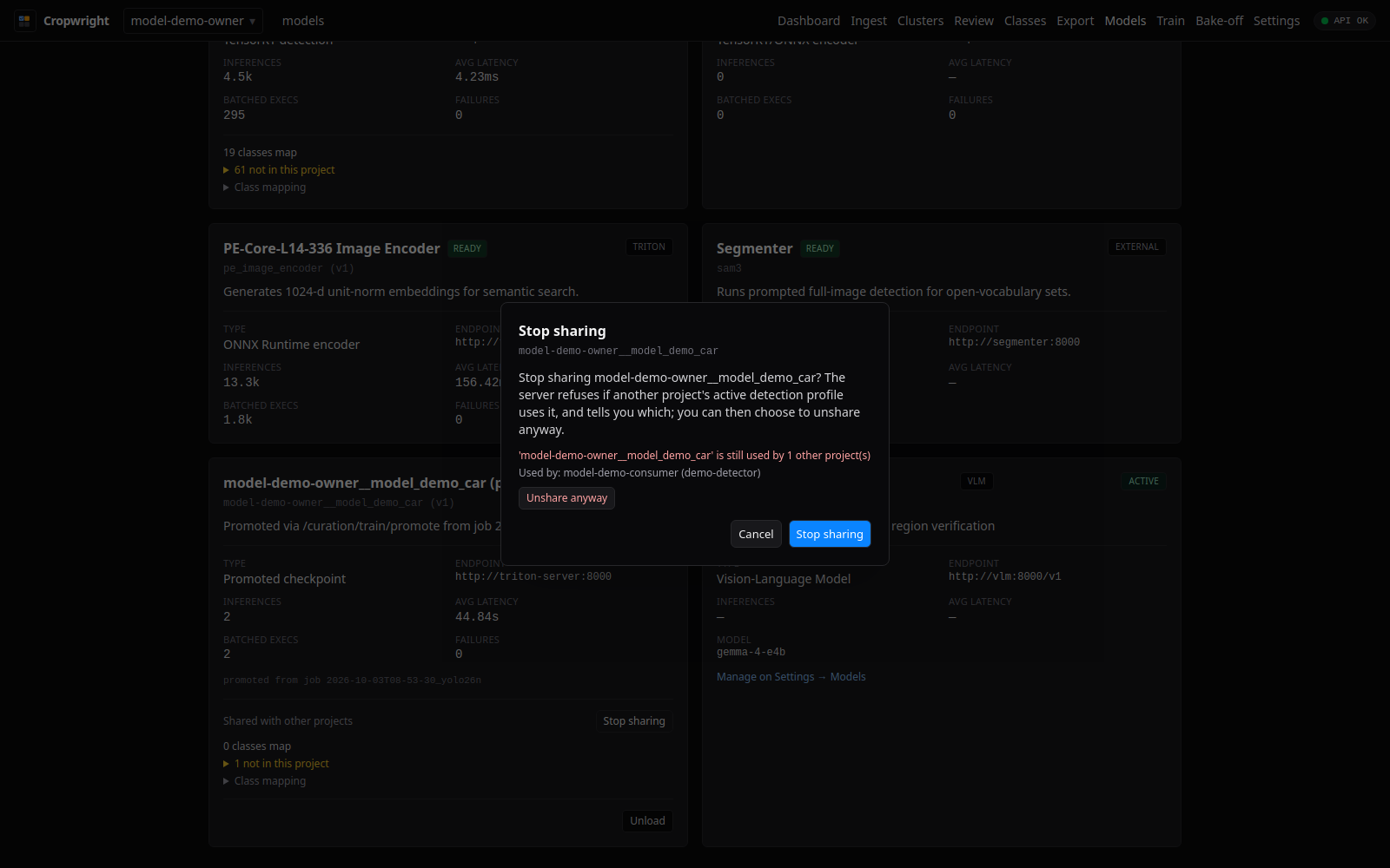 Unshare dialog listing the projects whose profile uses the model