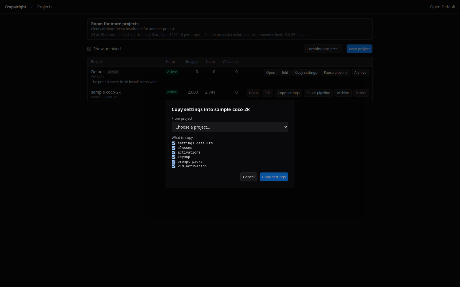 Copy settings dialog listing the setting groups that can be cloned