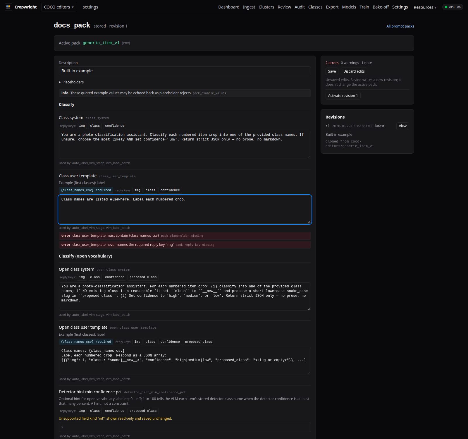 Prompt-pack editor with grouped fields and validation issues