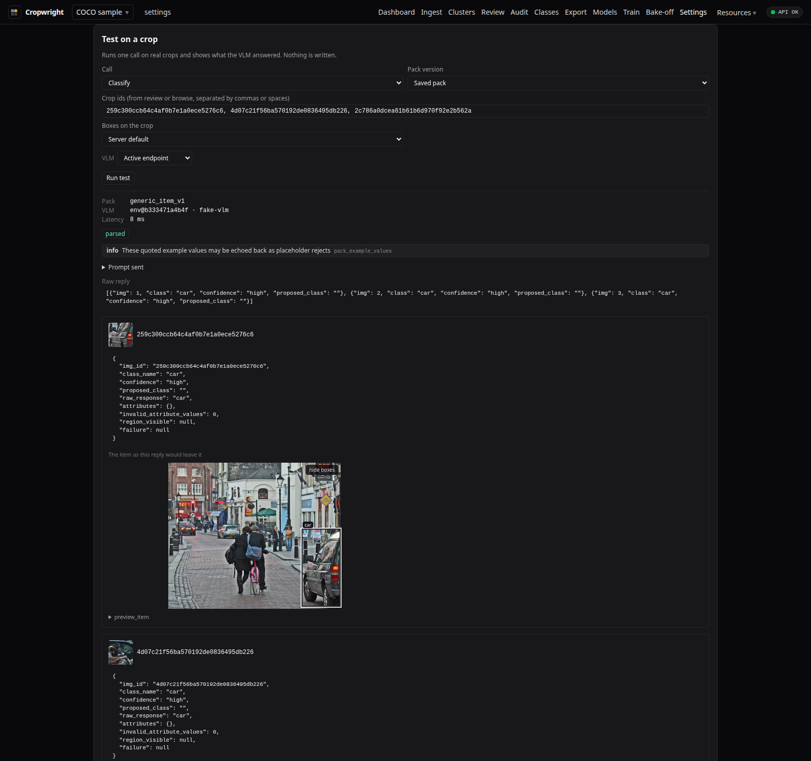 Prompt-pack test panel showing the prompt, raw reply and parsed answer for a crop