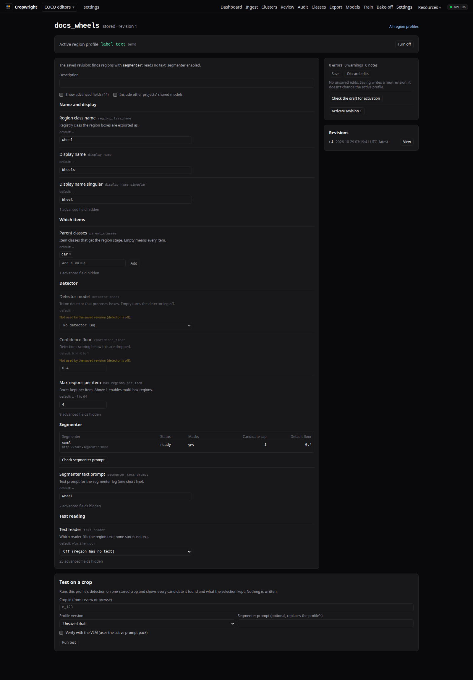 Region-profile editor with grouped, typed fields and model pickers