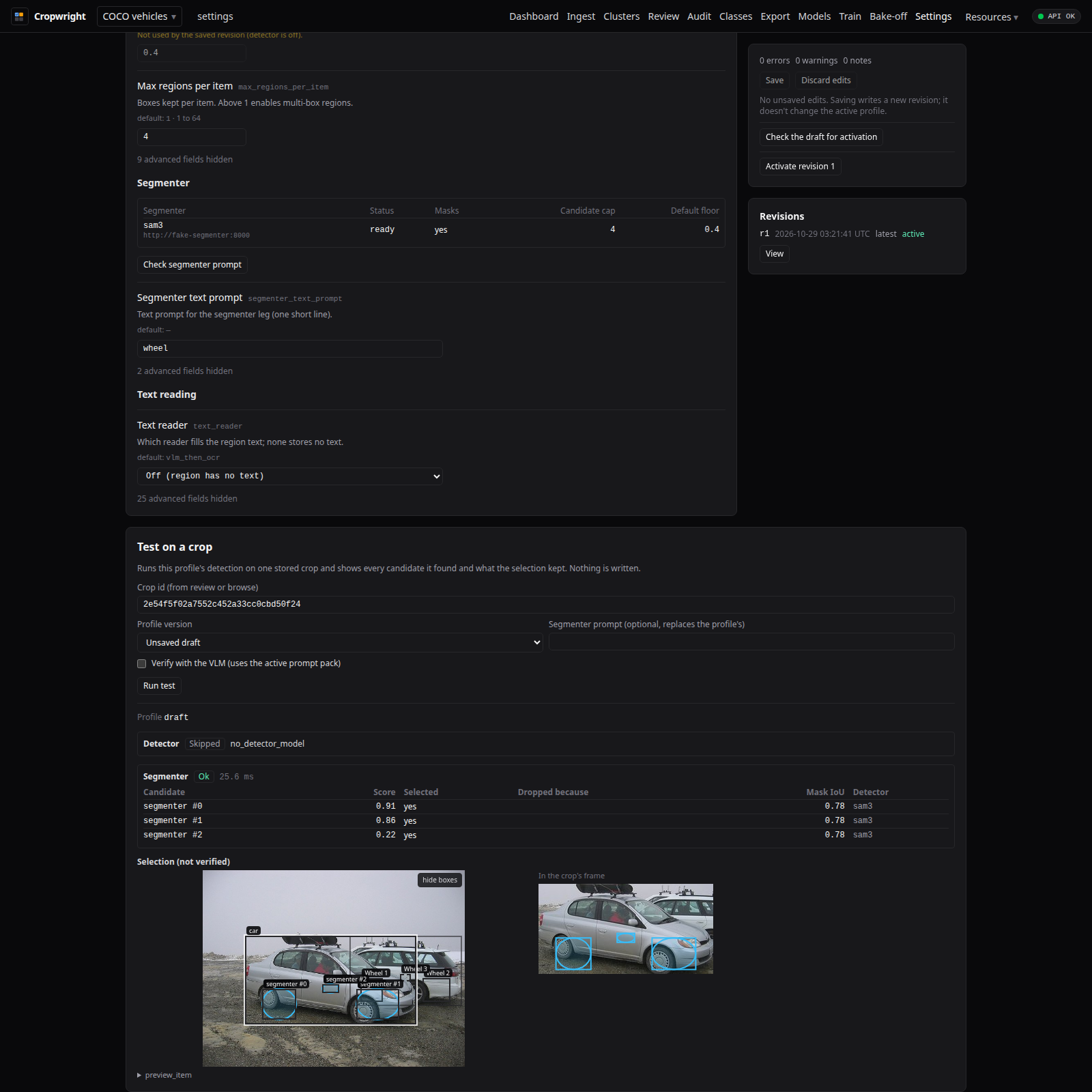 Region-profile test panel with candidate boxes drawn over the source image
