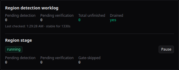 Region detection worklog and Region stage panel on the ingest page with a Pause button