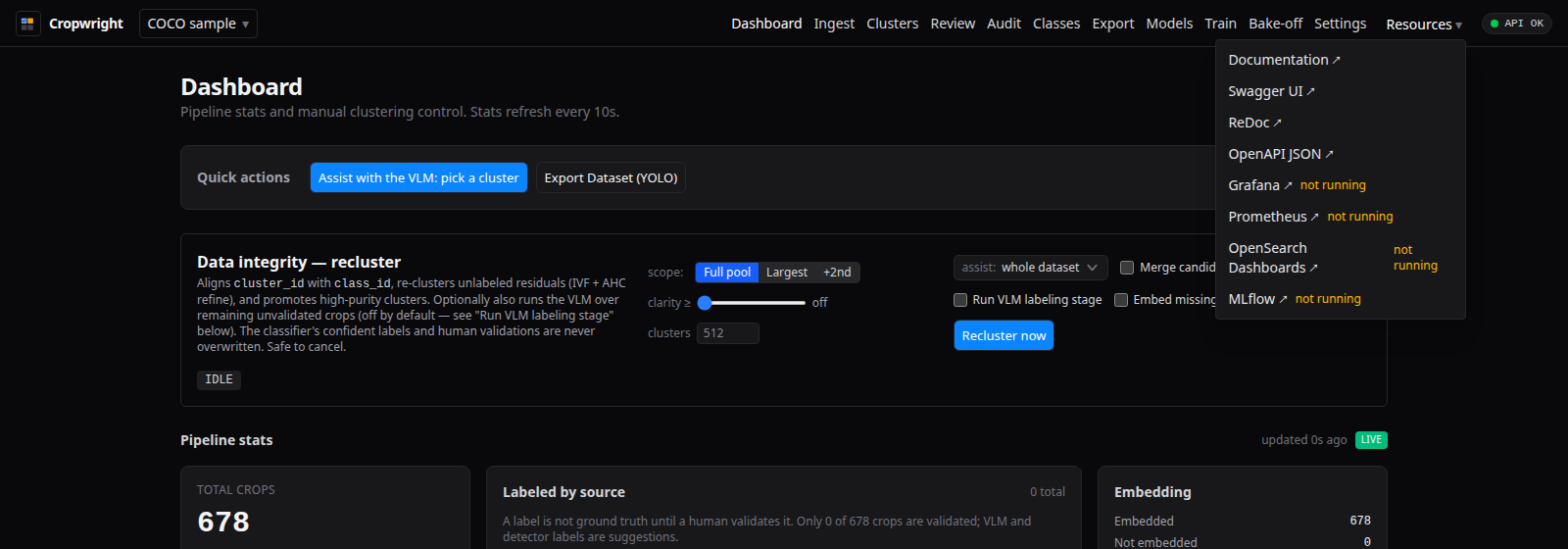 Resources menu open in the top bar listing the bundled docs and the served service links