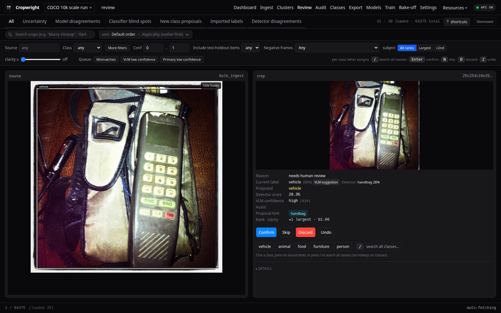 Active-learning review queue served by GET /curation/review/{tab}, captured from Cropwright, a frontend for this backend