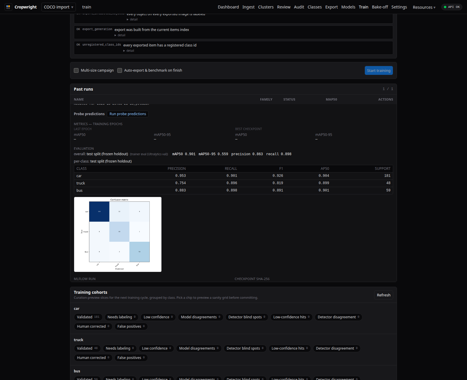 Finished-run Results panel with training-epoch metrics, evaluation figures and the confusion matrix image