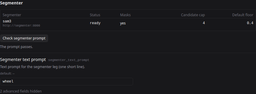 Segmenter group of the region-profile editor with the result of Check segmenter prompt