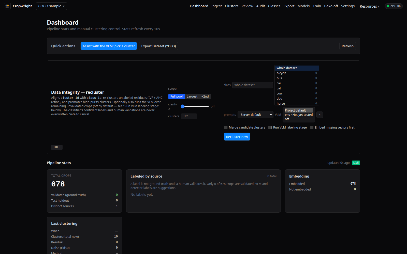Per-run VLM picker on the dashboard assist bar