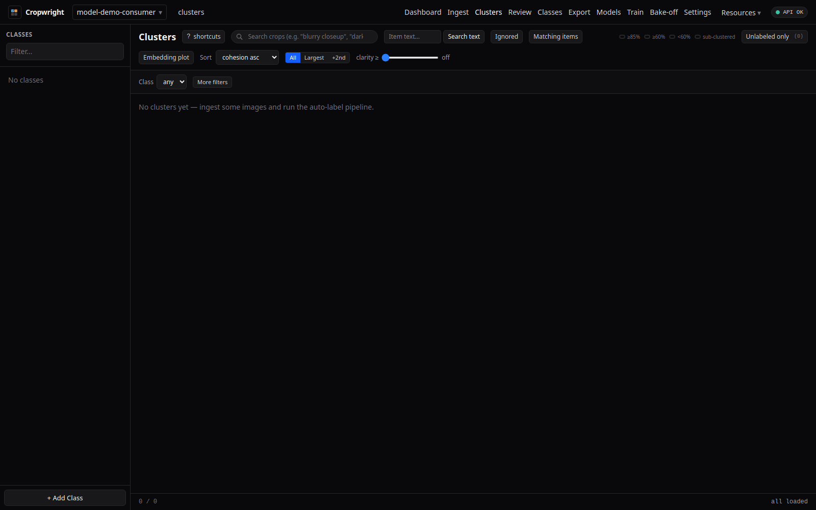 Cropwright clusters view of a project with no items yet