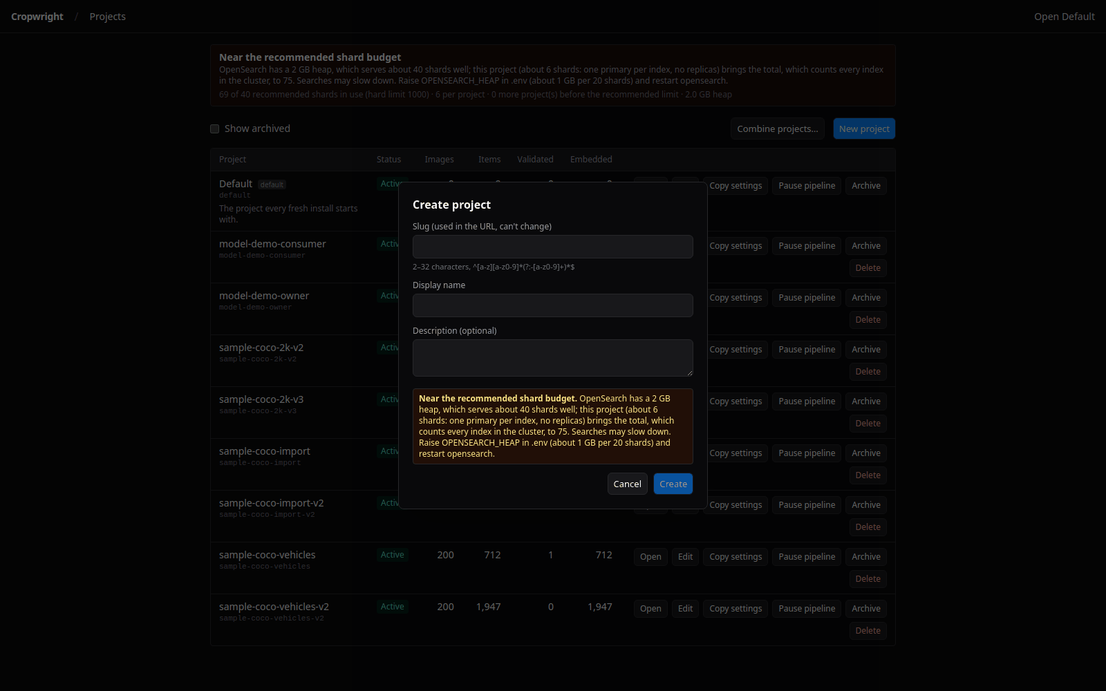 Create project form on the projects page