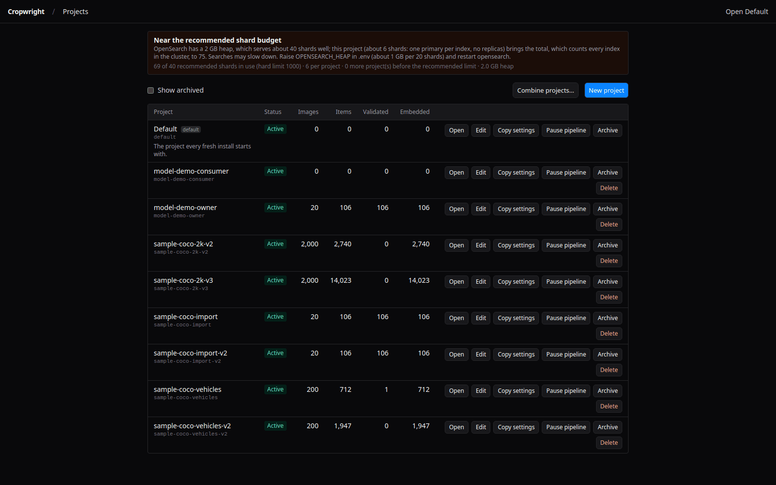 Cropwright projects page listing the public COCO sample projects with image, item, validated and embedded counts