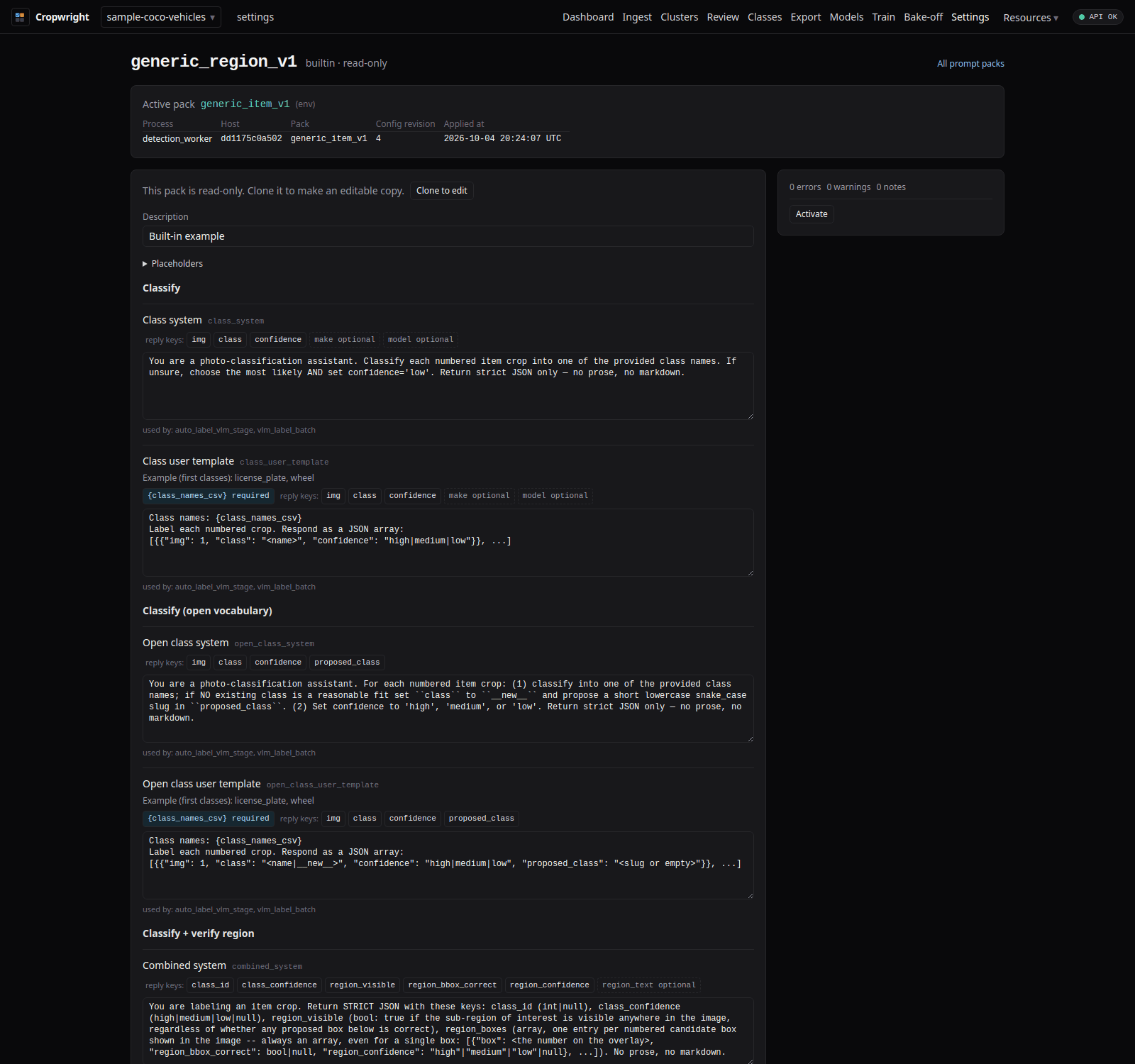 Prompt pack editor showing reply-key hints and the validation summary for a built-in pack