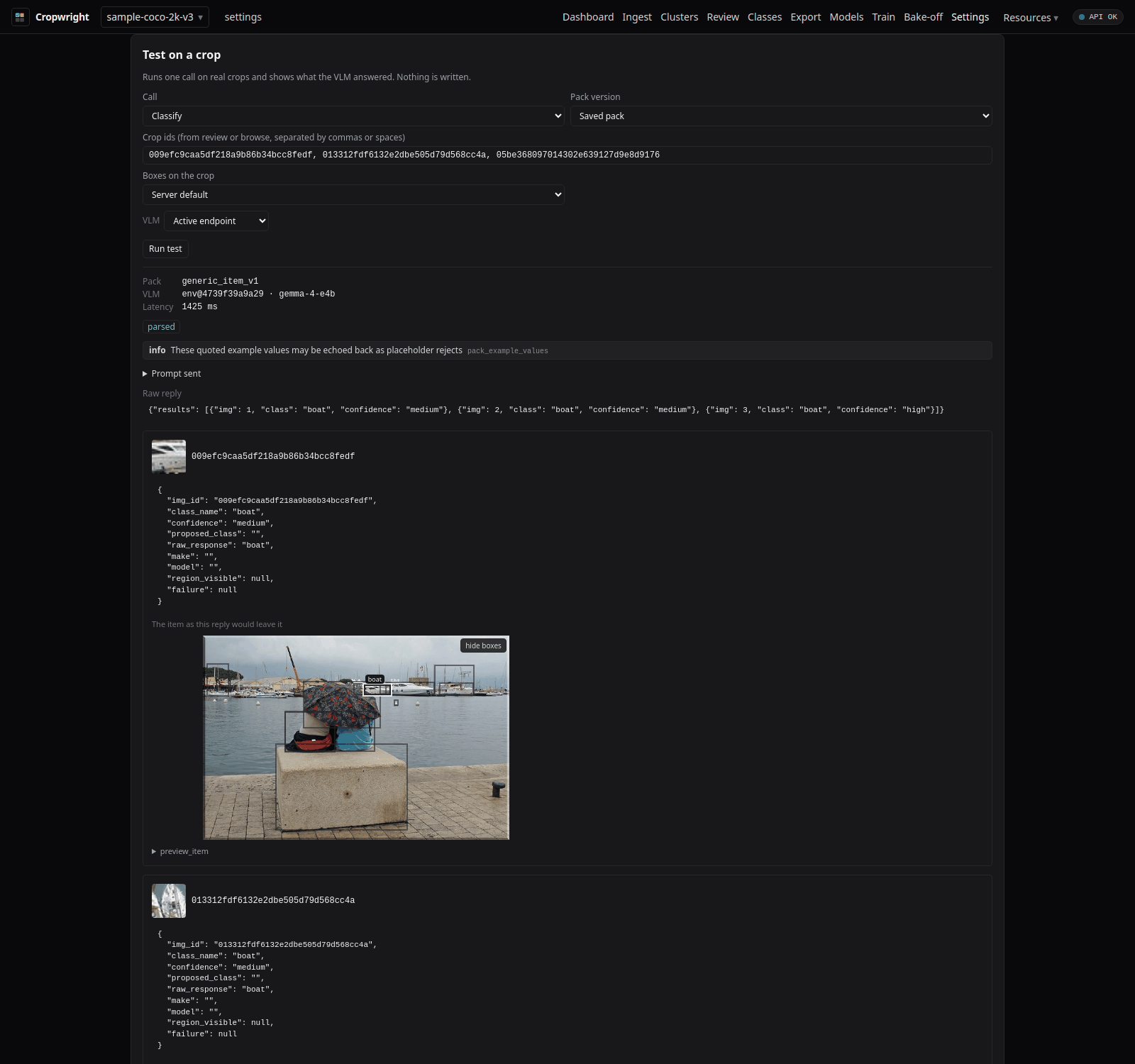 Prompt pack Test on a crop panel showing the sent prompt, raw VLM reply and parsed result for three crops