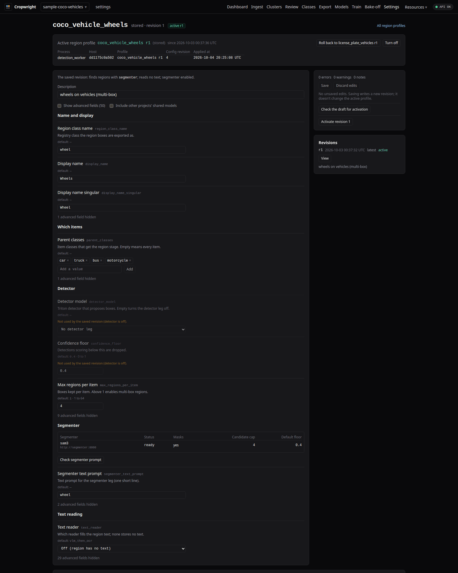 Region profile editor for the wheels profile with grouped fields, segmenter table and revision history