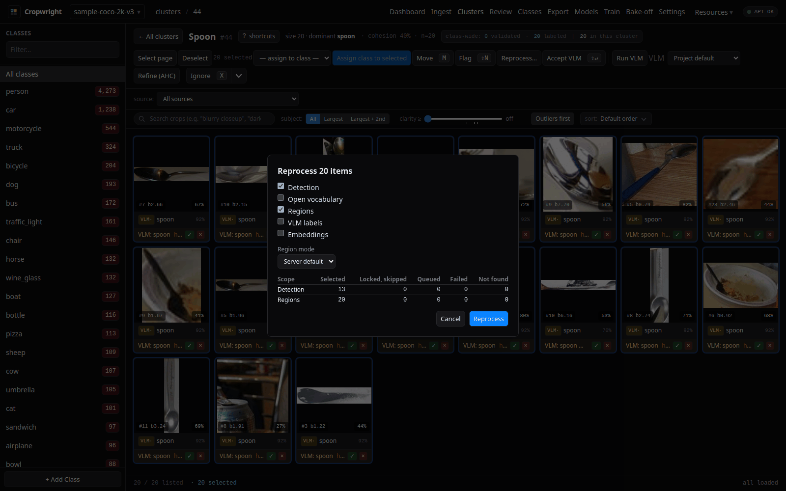 Reprocess dialog with Detection and Regions scopes selected and the dry-run counts table
