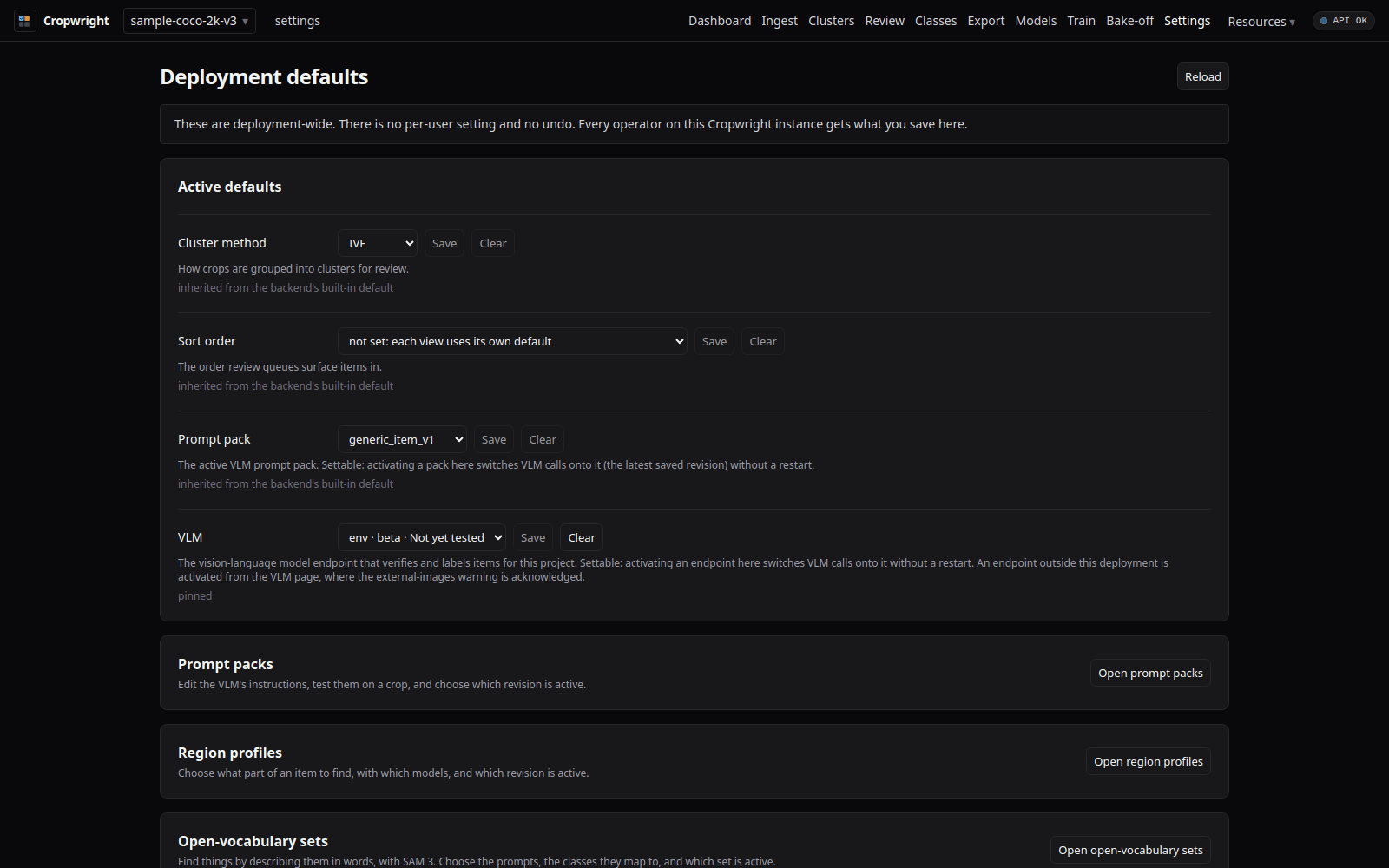 Settings page showing the active cluster method, prompt pack and VLM