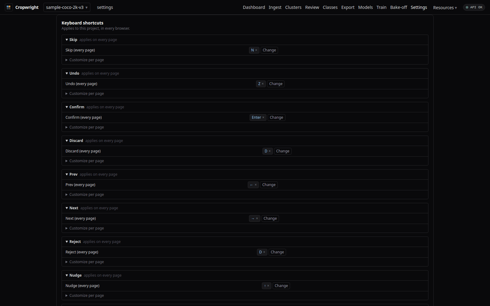 Settings keyboard section for editing the keymap