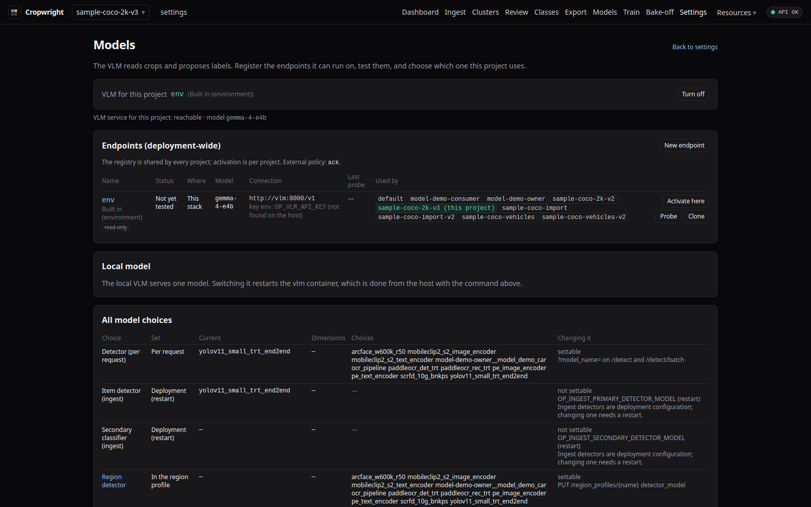 Settings models page with the model choices table showing settable and read-only rows