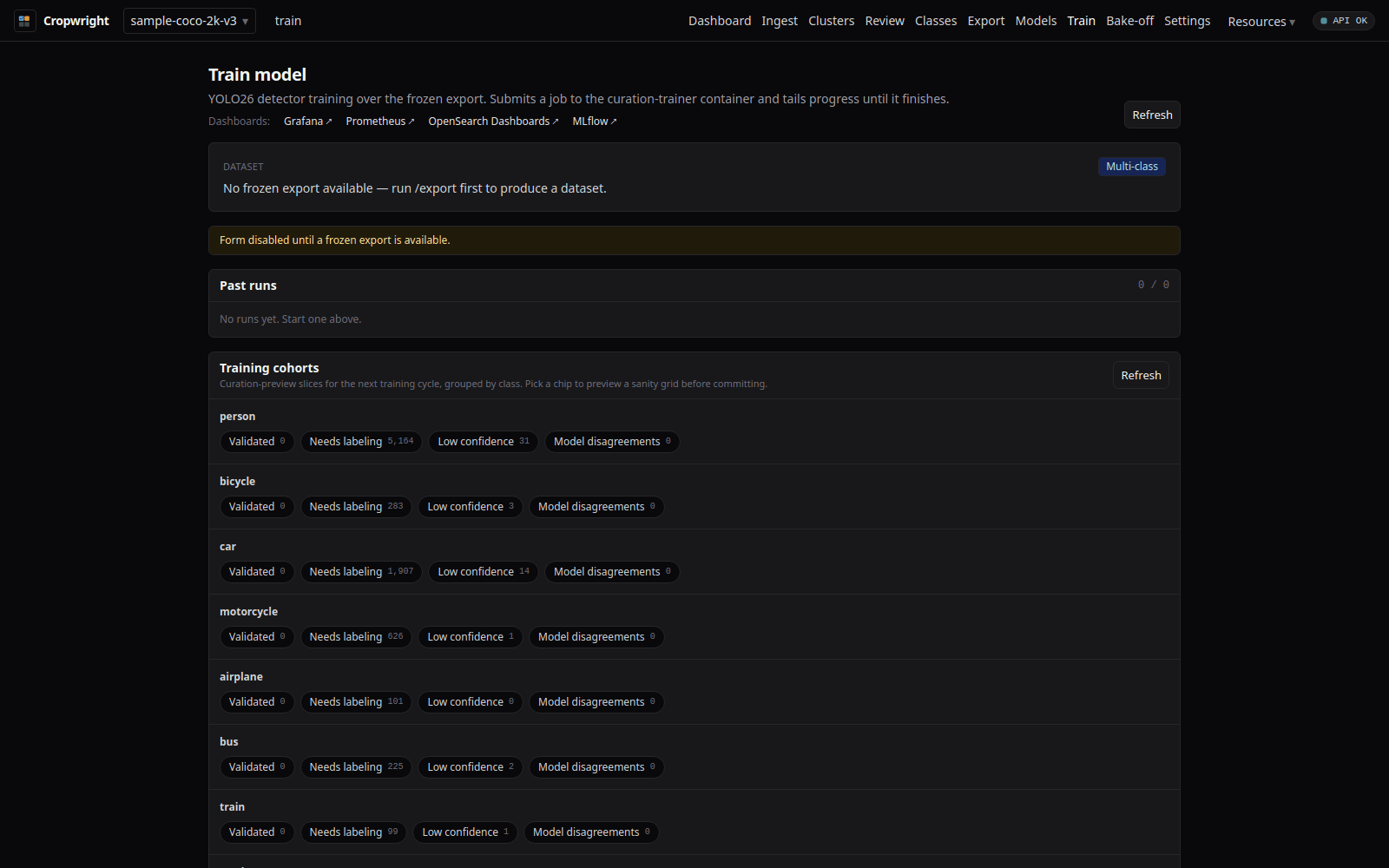 Training setup page